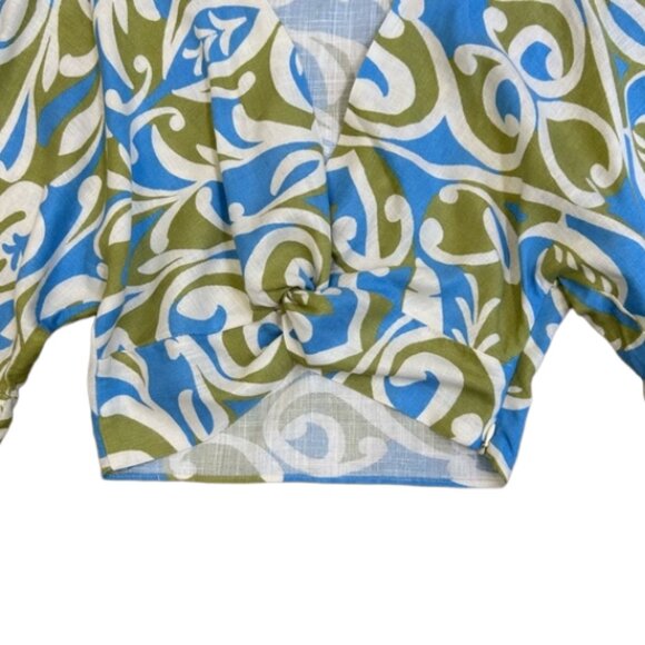 ZARA Linen Blend Crop Top Boho Print Knot Front Blouse Multicolor sky blue XS - Picture 4 of 11